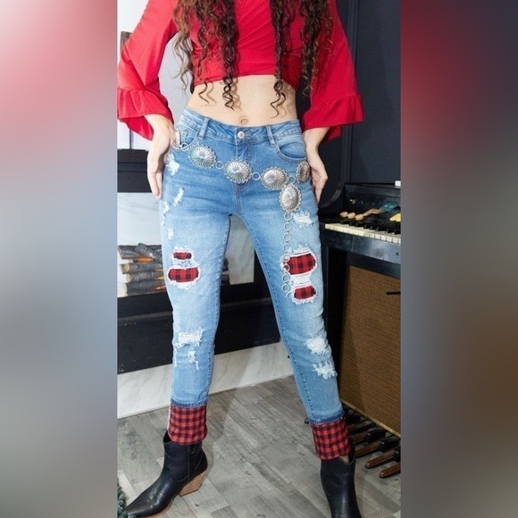 L&B DENIM SKINNY JEANS W BUFFALO PLAID PATCHES-NWT - Picture 4 of 5